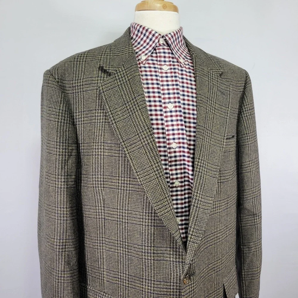 Oscar De La Renta Men's Sport Coat Blazer Two‎ Button Brown Plaid Wool Sz 48L